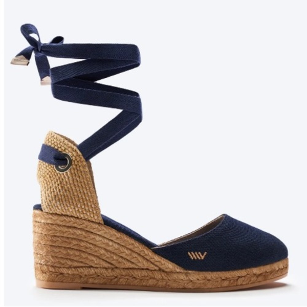 Viscata Sagaro Espadrille Wedges Navy Blue Lace Up Canvas Women 41 Excellent